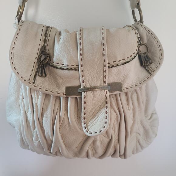 Per Se Butter Soft Leather Shoulder Bag Ivory Taupe Braided Handle - Picture 3 of 15